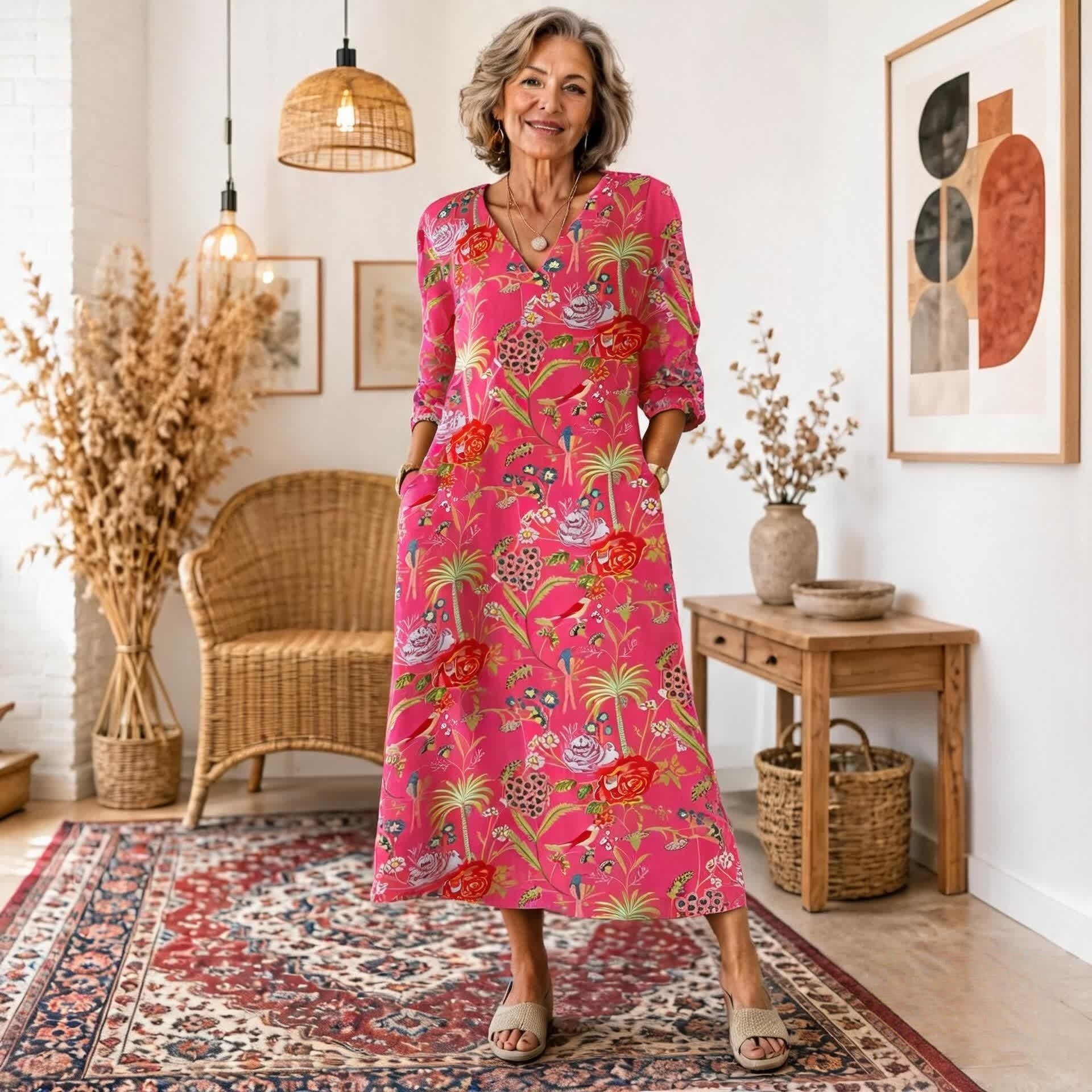 Sukienka maxi w stylu boho z etnicznym wzorem i korzystnym krojem