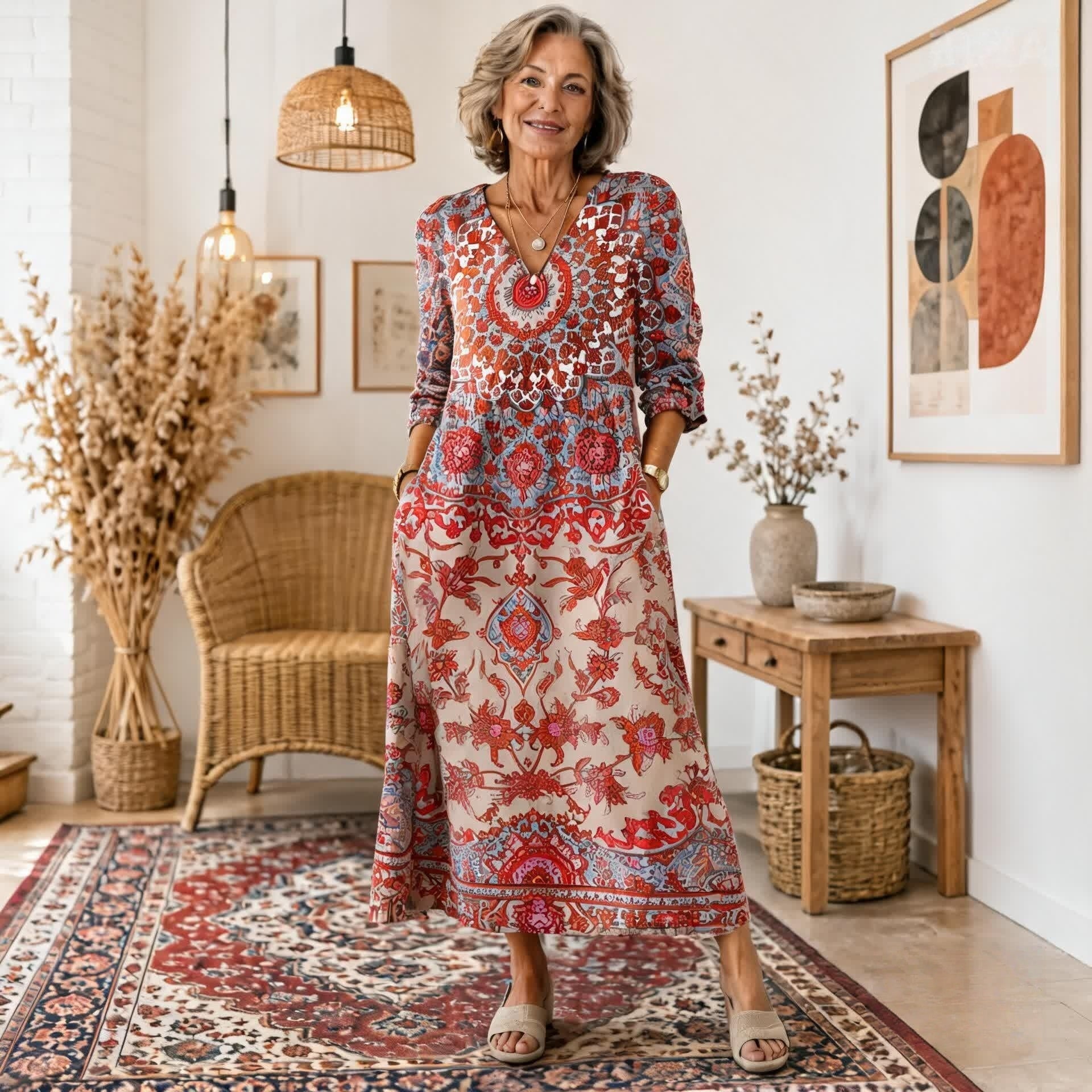 Sukienka maxi w stylu boho z etnicznym wzorem i korzystnym krojem