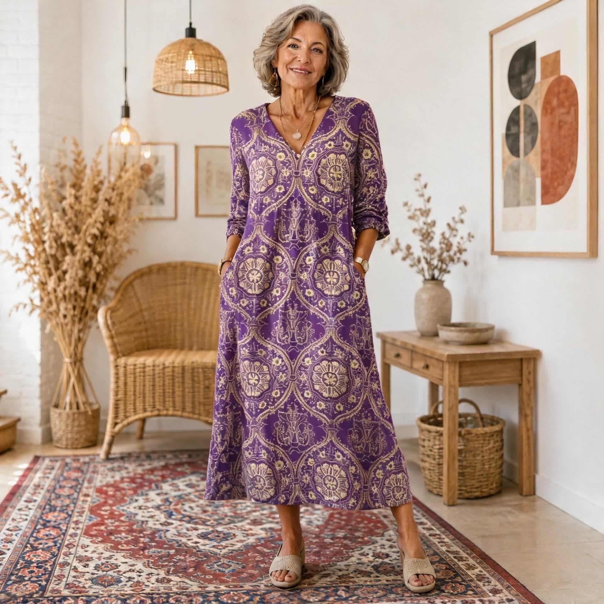 Sukienka maxi w stylu boho z etnicznym wzorem i korzystnym krojem