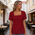 👚Bluzka z krótkim rękawem, kwadratowym dekoltem i koronkowymi wycięciami w stylu francuskim