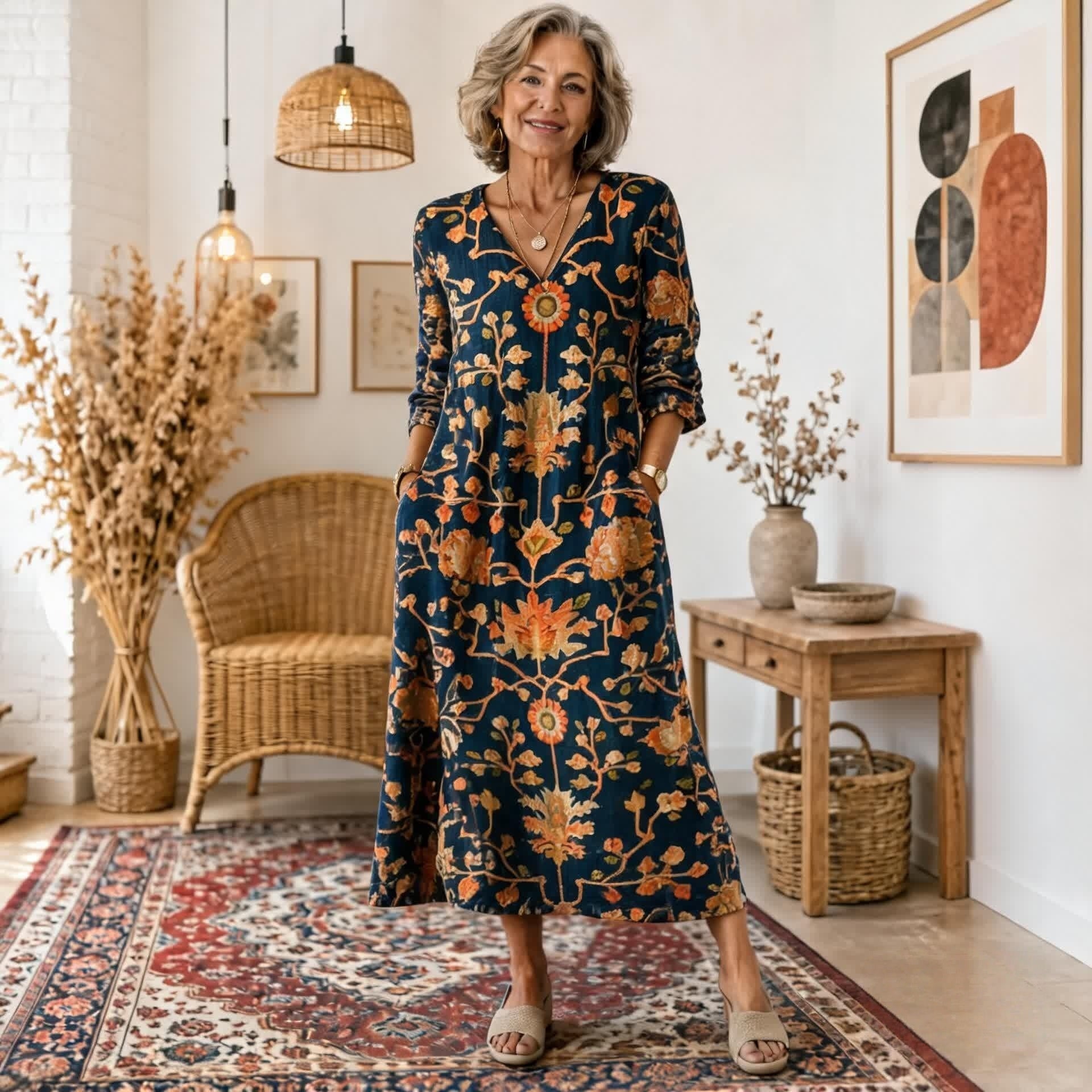 Sukienka maxi w stylu boho z etnicznym wzorem i korzystnym krojem