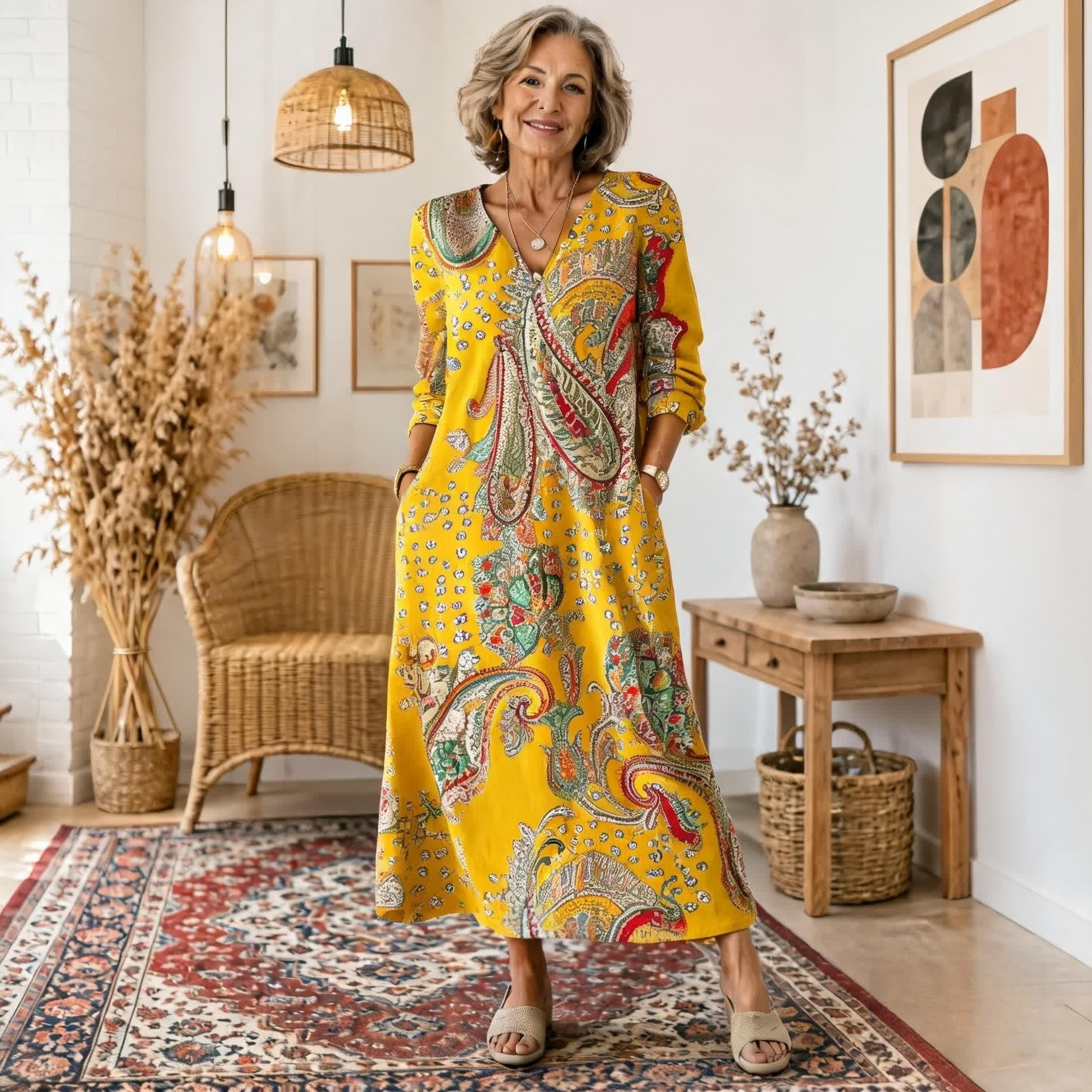 Sukienka maxi w stylu boho z etnicznym wzorem i korzystnym krojem