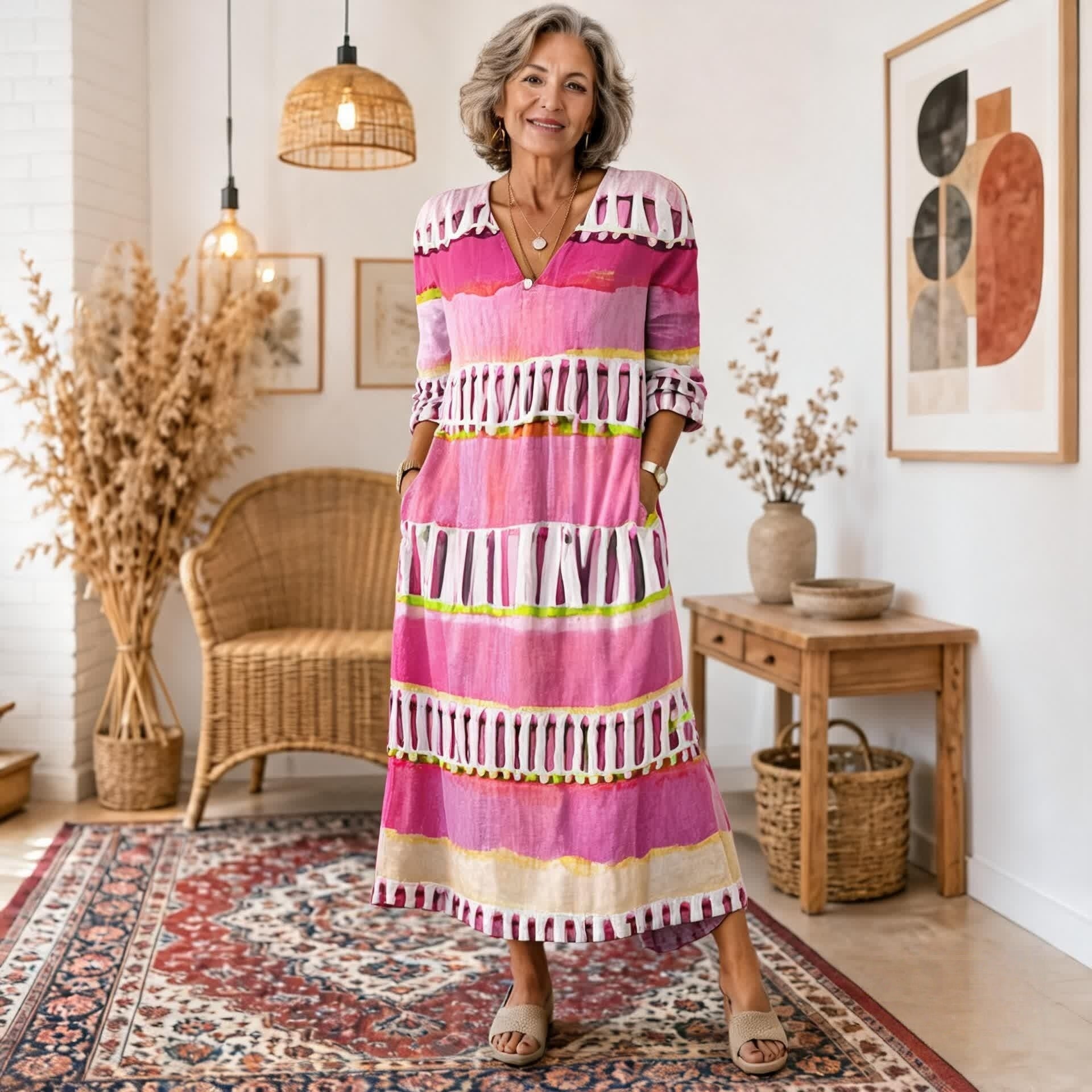 Sukienka maxi w stylu boho z etnicznym wzorem i korzystnym krojem